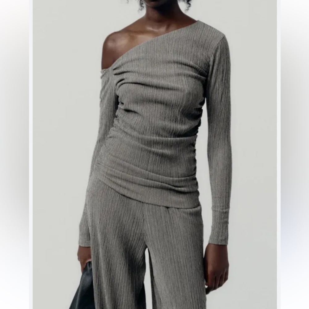 Zara Taupe Wide Leg Pants with Ribbed Texture